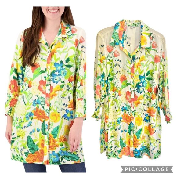 John Mark Floral Satin Dress Shirt/ Tunic Long Sleeve Size L NWT - Picture 1 of 8